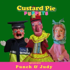 A picture with Three puppets with the name Custard Pie, Punch and Judy