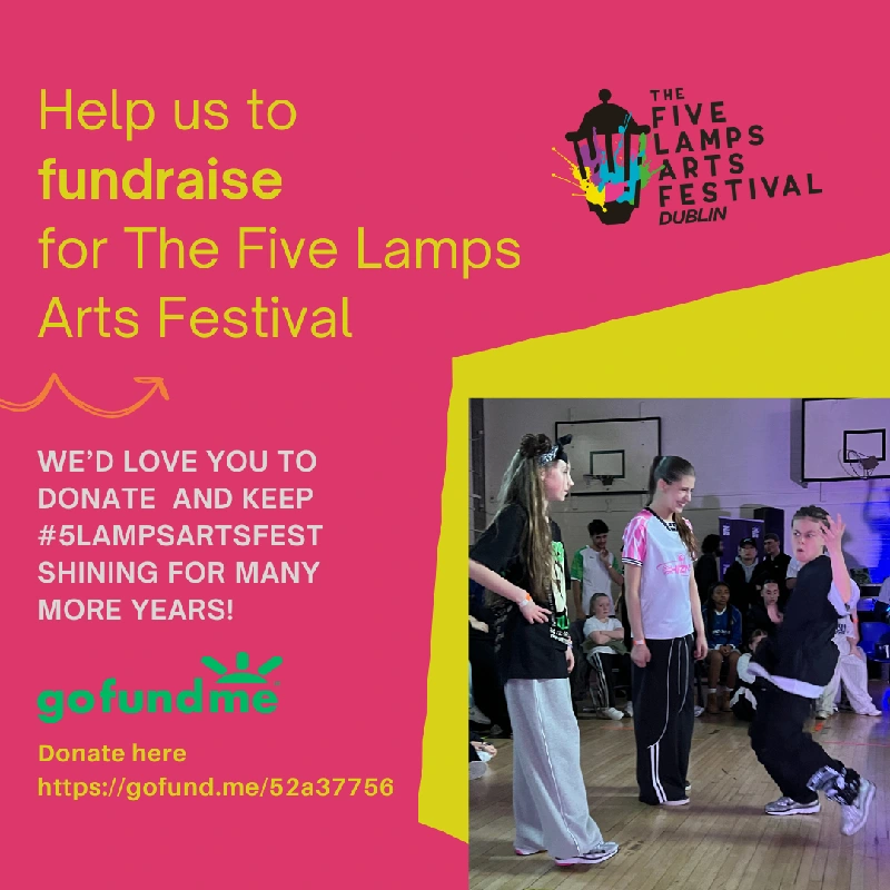 Young people breakdancing and a call to action to help the fundraising the Five Lamps Arts Festival