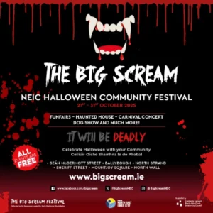 striking black, red, and white social media graphic for The Big Scream NEIC Halloween Community Festival 2025. The top features a stylized monster mouth with sharp fangs dripping blood onto the text. Key information: 21st – 31st October. Highlights include Funfairs – Haunted House – Carnival Concert – Dog Show and much more! All events are FREE. Text reads: 'It Will Be Deadly' and lists locations: Seán McDermott Street, Ballybough, North Strand, Sheriff Street, Mountjoy Square, North Wall. Website: www.bigscream.ie. Includes social media handles and logos for the North East Inner City initiative and Dublin City Council.