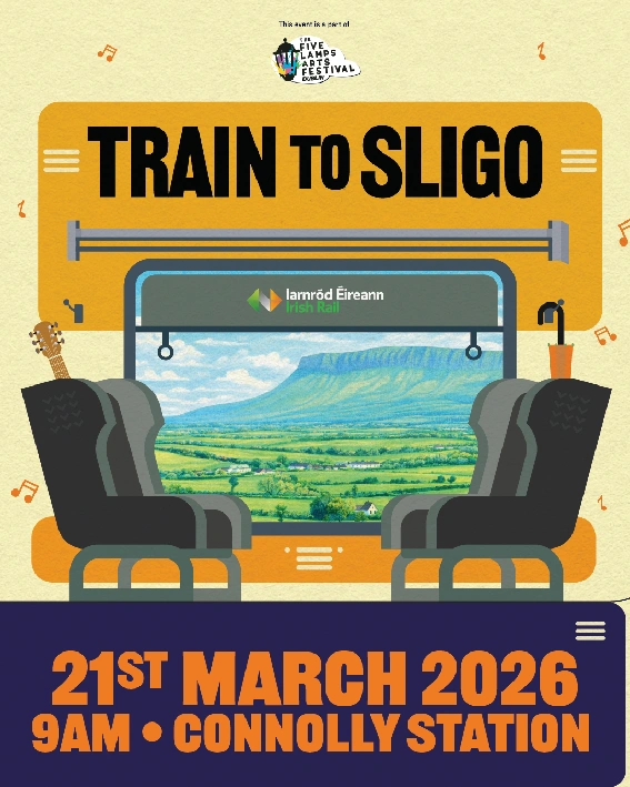 An illustrated event poster for 'Train to Sligo,' part of the Five Lamps Arts Festival 2026. The graphic shows a stylized train interior with two seats facing a window that looks out onto a green landscape and Benbulbin mountain. The Iarnród Éireann Irish Rail logo is visible on the glass, and musical notes float around a guitar and an umbrella. The bottom text reads: 21st March 2026, 9am, Connolly Station