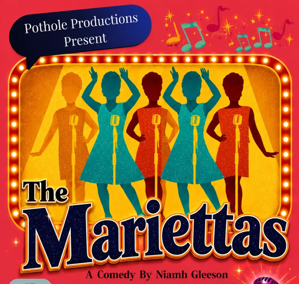 Promotional poster for The Mariettas comedy show featuring five vintage-style silhouettes of women in dresses performing on a retro stage with microphones, presented by Pothole Productions.