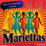 Promotional poster for The Mariettas comedy show featuring five vintage-style silhouettes of women in dresses performing on a retro stage with microphones, presented by Pothole Productions.