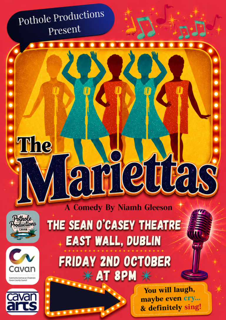 Promotional poster for The Mariettas comedy show featuring five vintage-style silhouettes of women in dresses performing on a retro stage with microphones, presented by Pothole Productions.