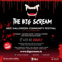 striking black, red, and white social media graphic for The Big Scream NEIC Halloween Community Festival 2025. The top features a stylized monster mouth with sharp fangs dripping blood onto the text. Key information: 21st – 31st October. Highlights include Funfairs – Haunted House – Carnival Concert – Dog Show and much more! All events are FREE. Text reads: 'It Will Be Deadly' and lists locations: Seán McDermott Street, Ballybough, North Strand, Sheriff Street, Mountjoy Square, North Wall. Website: www.bigscream.ie. Includes social media handles and logos for the North East Inner City initiative and Dublin City Council.
